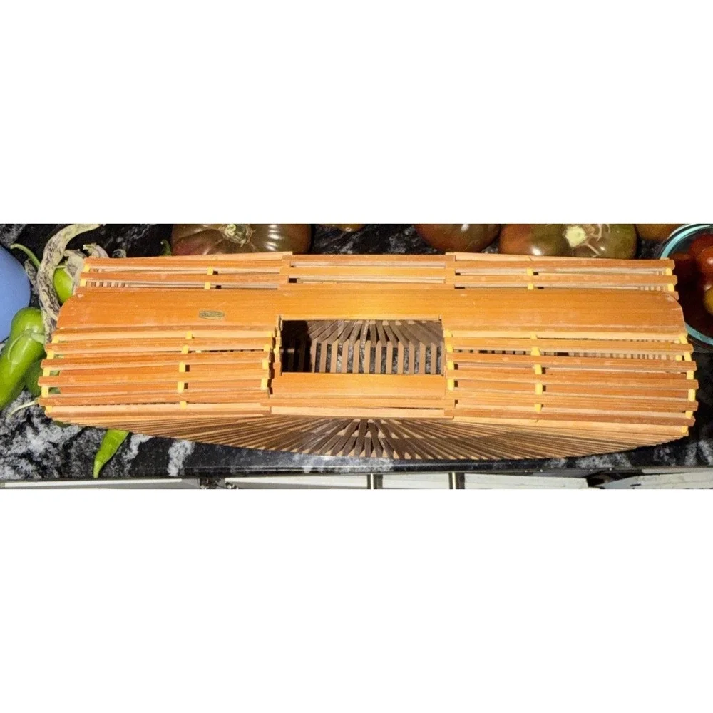 Vintage Boho 1960's 1970's Half Moon Wood Woven Hippie Core Clutch Handbag